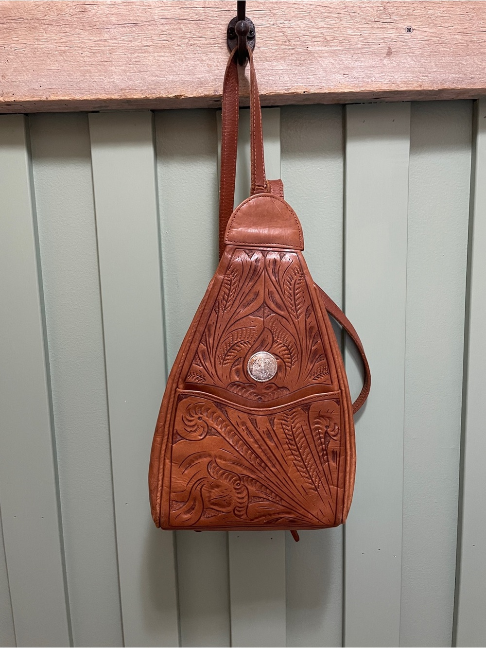 Vintage Grants Natural Hand-Tooled Leather Sling Backpack Teardrop Bag